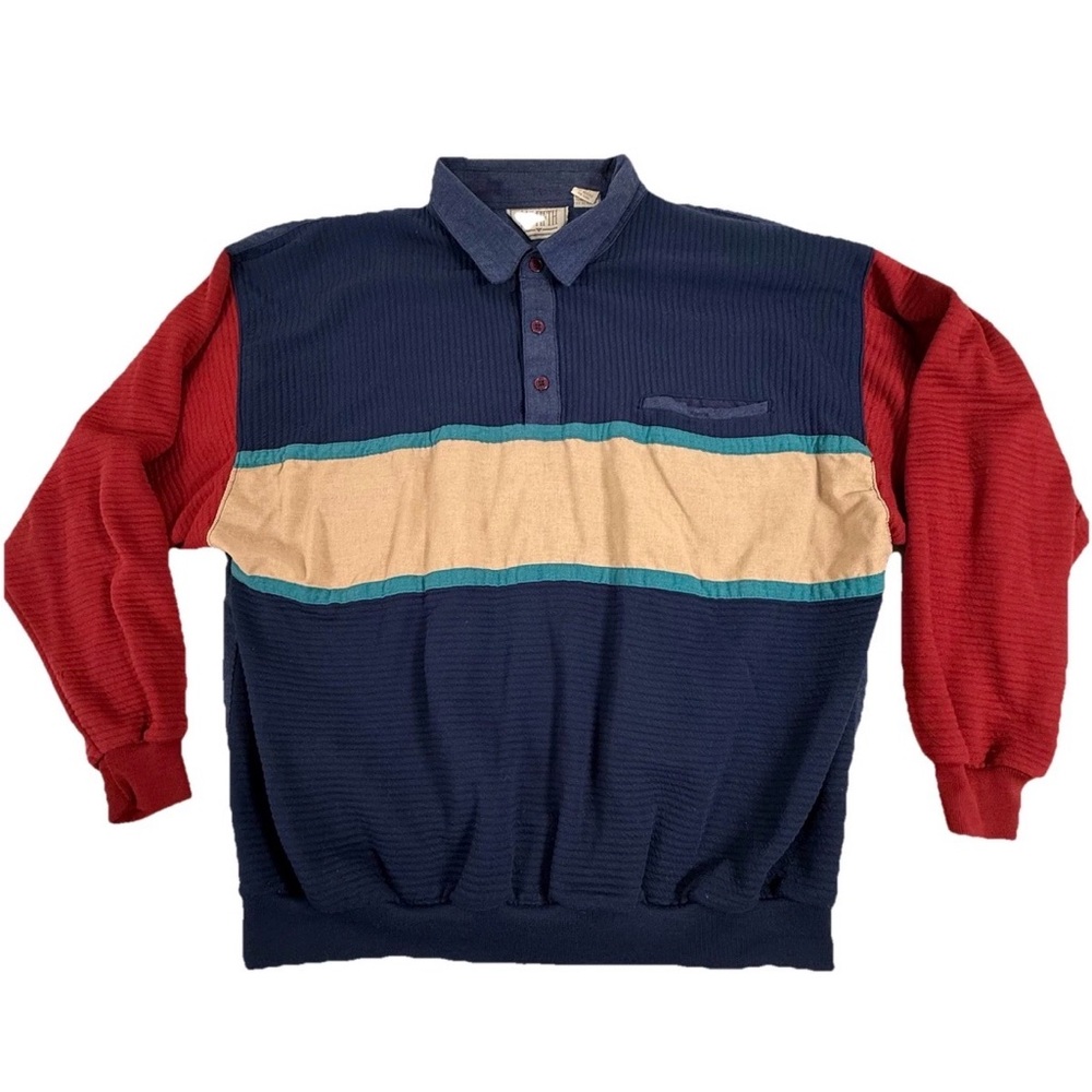 Men's 90’s Colorblock Long Sleeve Polo Sweatshirt - Navy, Red, Beige